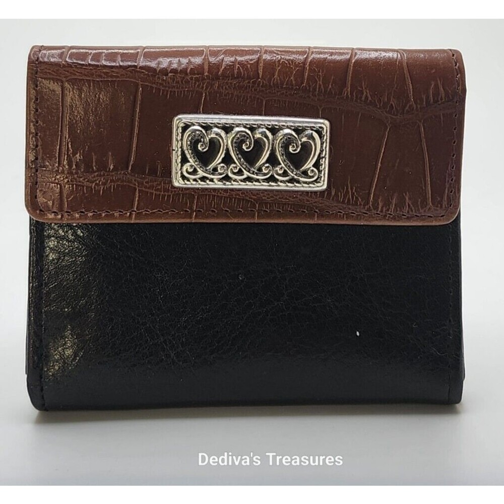 BRIGHTON Bi-Fold Wallet ~ Black Pebbled Brown Alligator Leather`Silver Heart